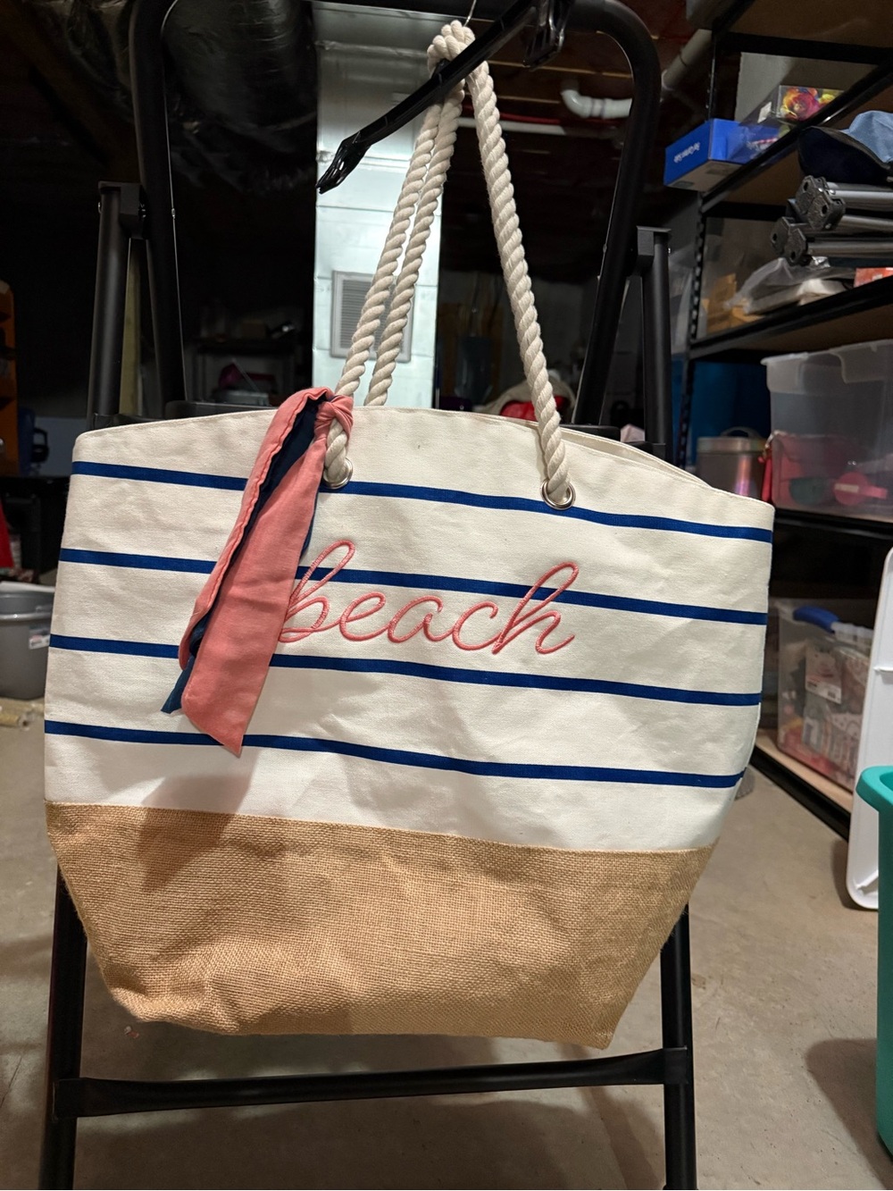 Beach Striped Rope-Handle Tote Bag - White, Blue & Tan